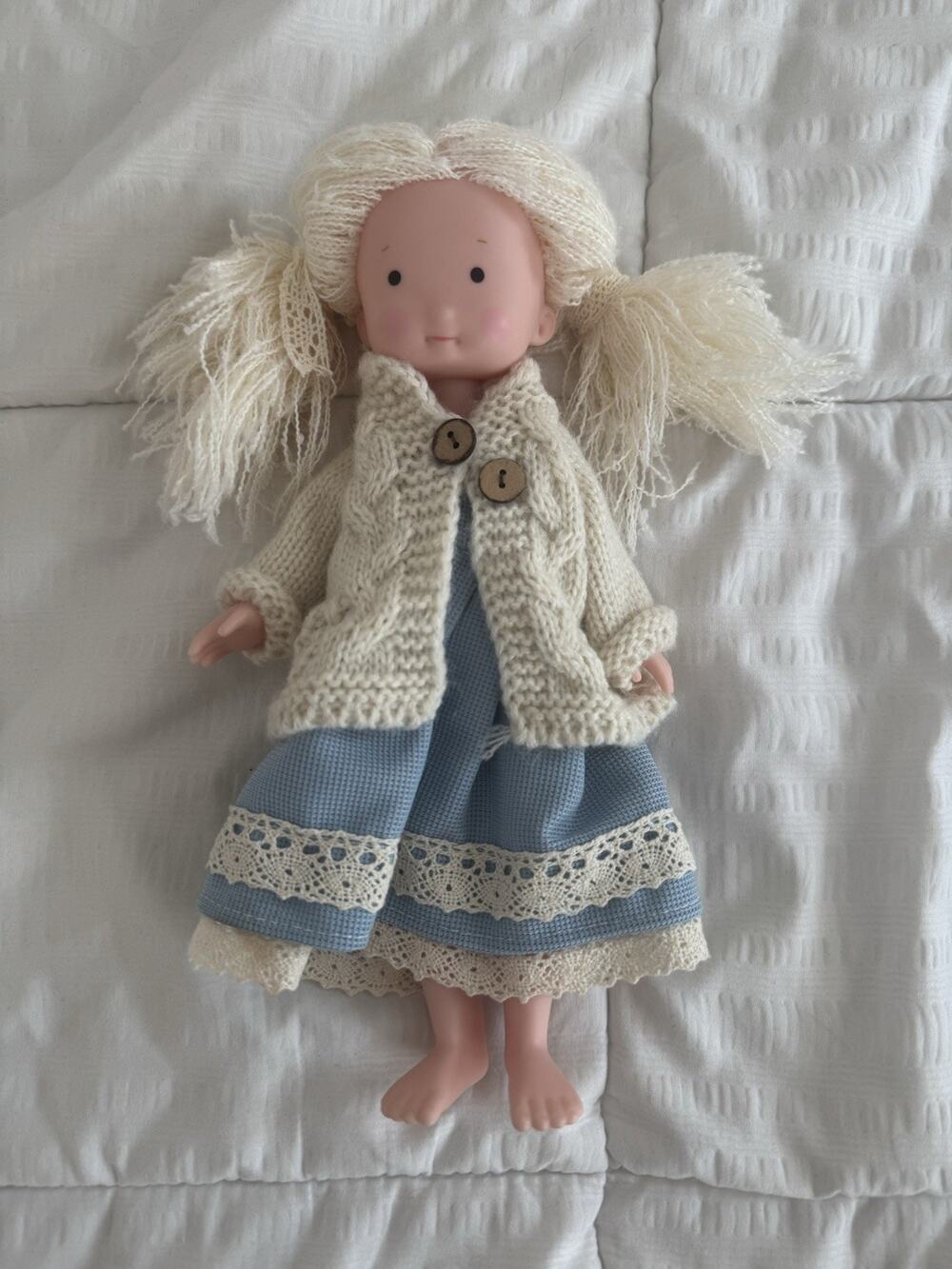 Waldorf-style Doll Knitted Dress Blue Cardigan Outfit Buttons Yarn Hair Blonde